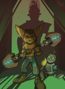Ratchet stands with a wrench with clank behind him. Emperor Nefarious's shadow emerges before them