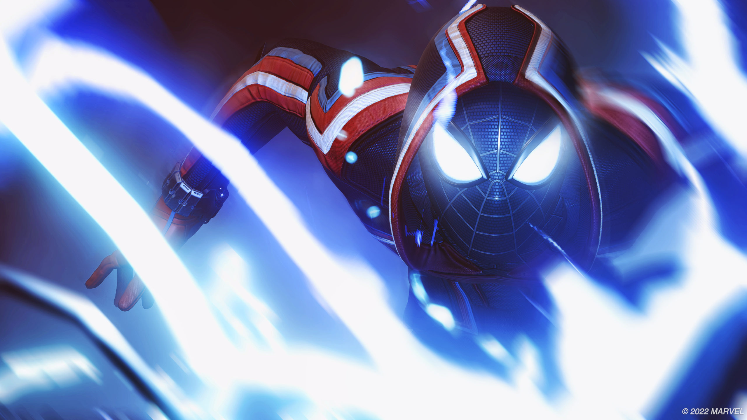 Miles Morales poses while white and blue streaks of light engulf him at the foreground. 
