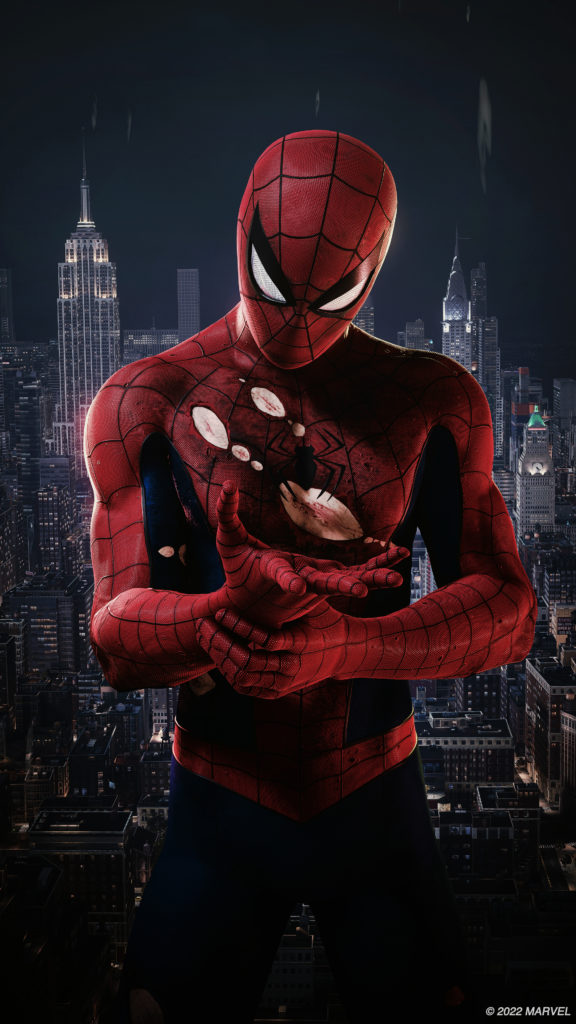 Spider-Man stands at the center, looking and holding his right hand. His suit is torn up at the chest and damaged. Marvel's New York is behind him.