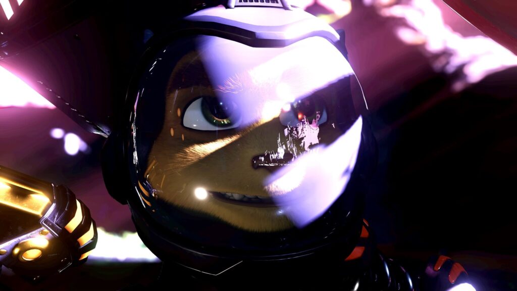 The sun beams on to Ratchet's helmet in magenta colors